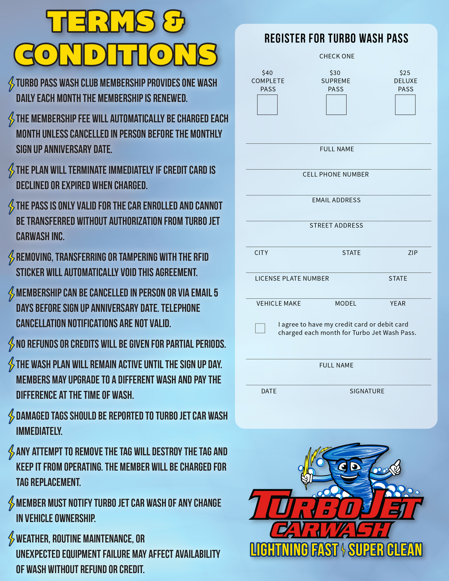 Complete Turbo Pass terms and conditions alongside the printable in-person registration form